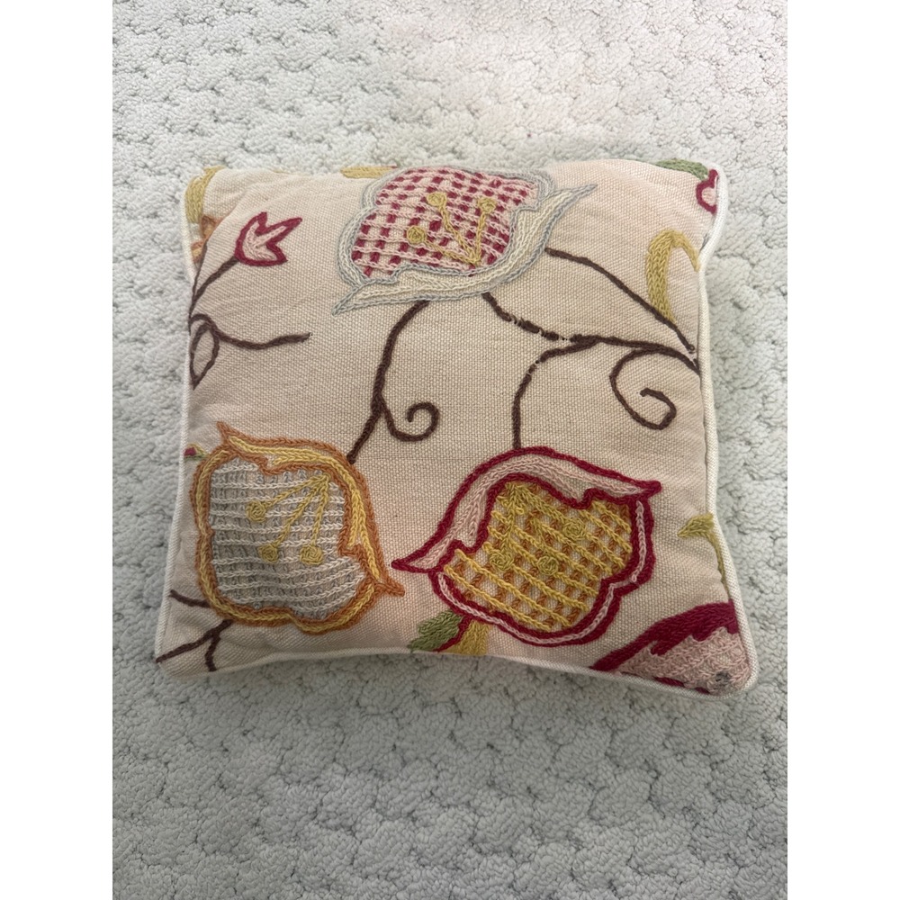 Embroidered Floral Crewel Throw Pillow Cream Square 11x11 Boho Botanical Accent